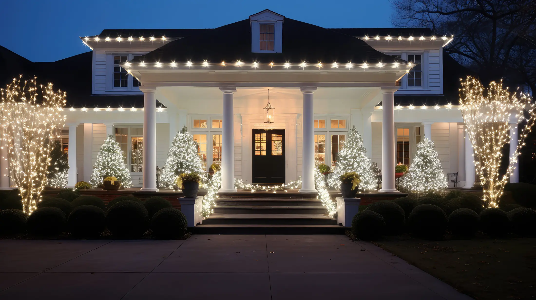 Completed holiday lighting service call with bright roofline lights